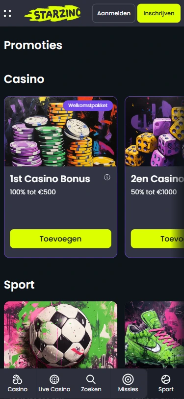 Starzino promoties – welkomstbonus 100% tot €500 en 50% tot €1000