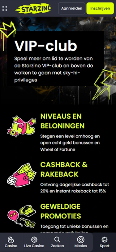 Starzino VIP club – niveaus, cashback en rakeback voordelen